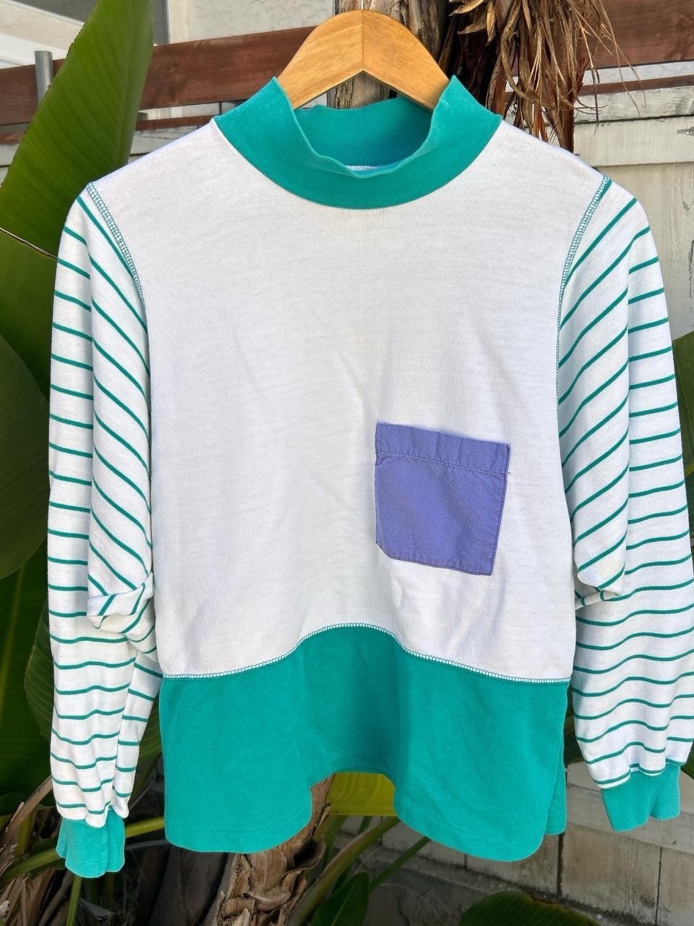 Vintage 80s Color Block Mock Neck Pocket Sweatshirt Men’s M Unisex